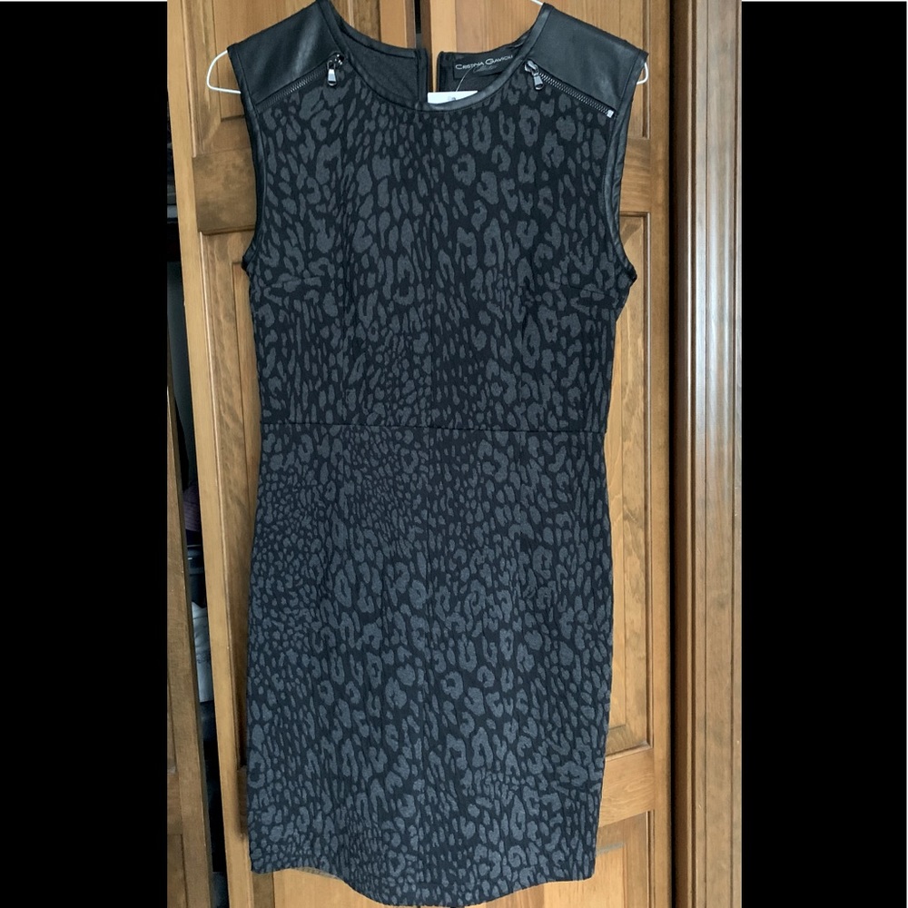 Cristina Gavioli NWT black knit dress; faux leather shoulders, sz 10